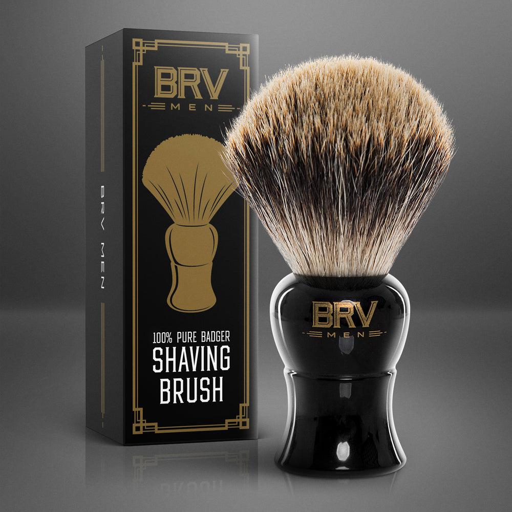BRV MEN 100% Pure Badger Shaving Brush LARGE (24mm knots) - Heavy Resin Handle - Use with Double-Edge Safety Razor, Straight Razor and Shaving Bowl - Black