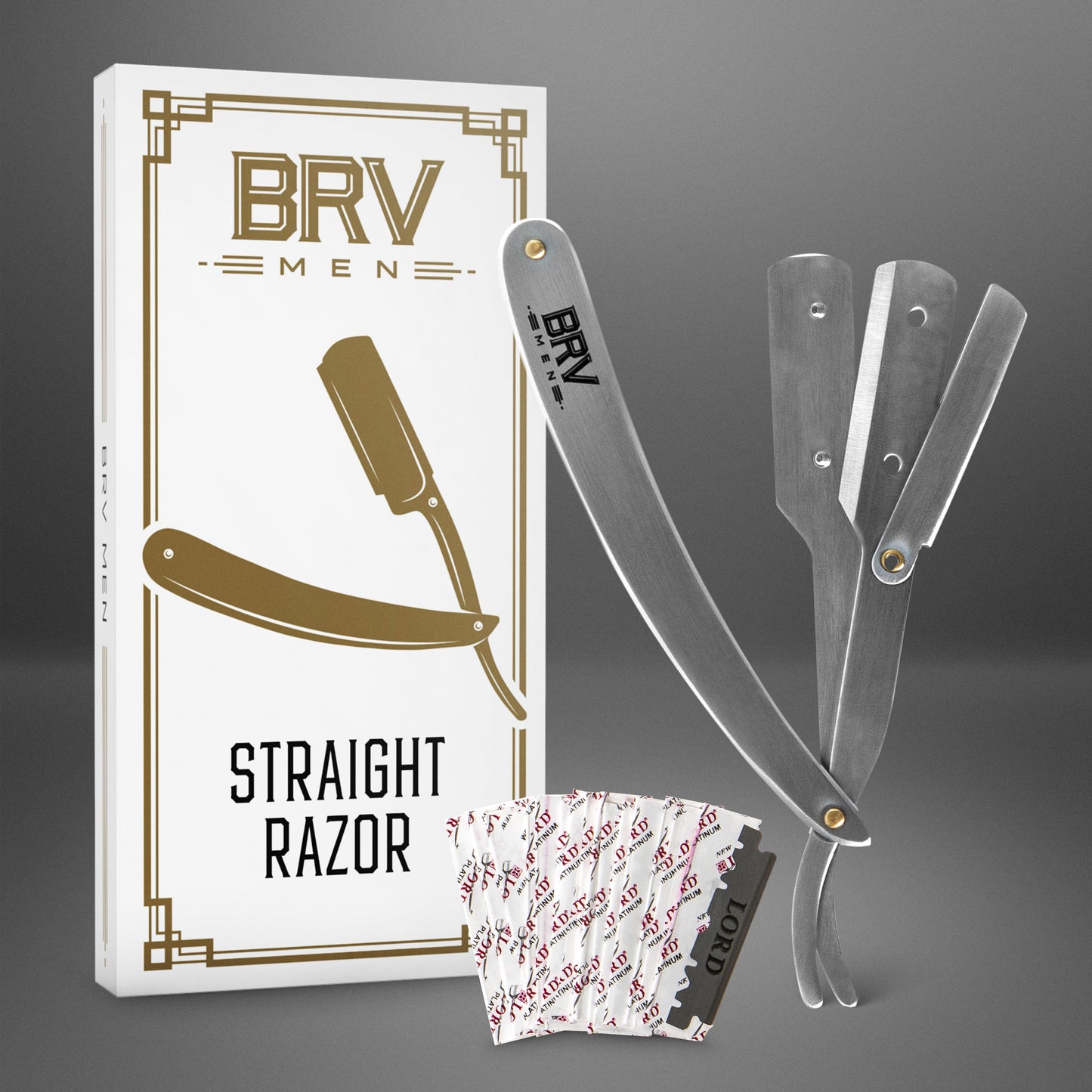
                  
                    BRV MEN Professional Straight Edge Barber Razor - 100 Lord Platinum Single Edge Razor Blades - 100% Stainless Steel Shavette - Mens Shaving Knife - Silver
                  
                